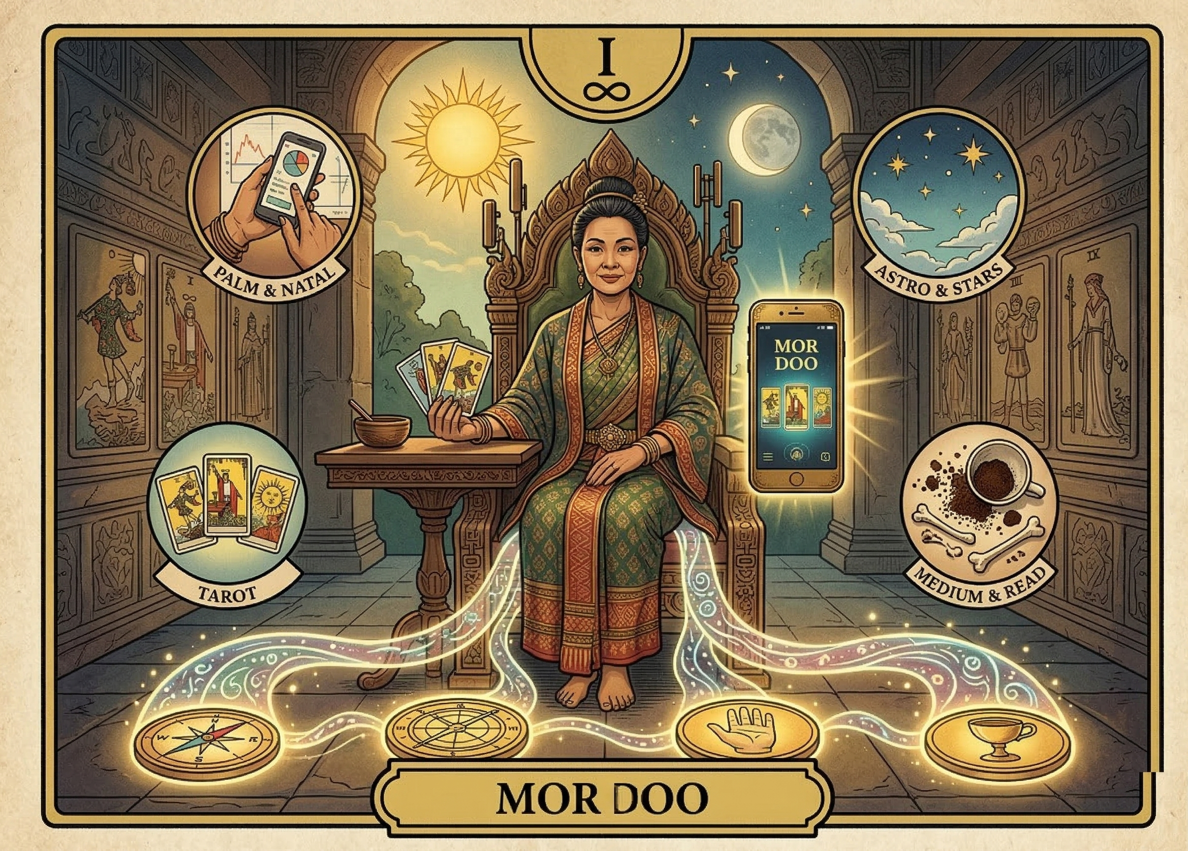 Mor Doo — Online Fortune Teller seated with tarot cards, surrounded by mystical symbols of palm reading, astrology, tarot, and spiritual divination